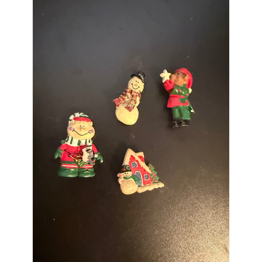 Vintage Christmas Resin Lapel Pin Lot Snowman Elf Santa Cottage 4pc Set